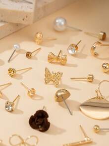 30对/套金属仿珍珠耳环，简约可爱时尚爱心、水滴、蝴蝶、水钻、花朵、太阳造型，百搭日常佩戴首饰礼盒套装，女士适用 - 彩色 - 查看 4