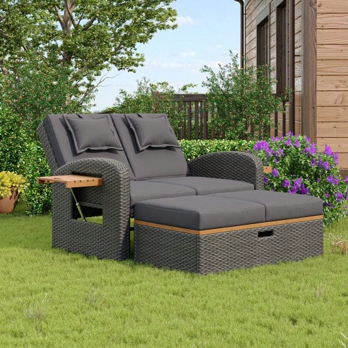 Garten-Lounge-Sessel-Set para 2 personas, ratán gris, versátil Rückenlehne, Stützfuß, mit Fußhocker o como Outdoor-Bett nutzbar, mit Rückenkissen und Sitzkissen (sku anterior:HW24020AAA) - Gris - Ver 1