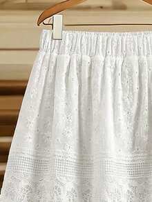 EARO 女士白色长款镂空刺绣蕾丝边半身裙，松紧腰设计，休闲无弹面料A字裙，时尚优雅百搭 - 白色 - 查看 4