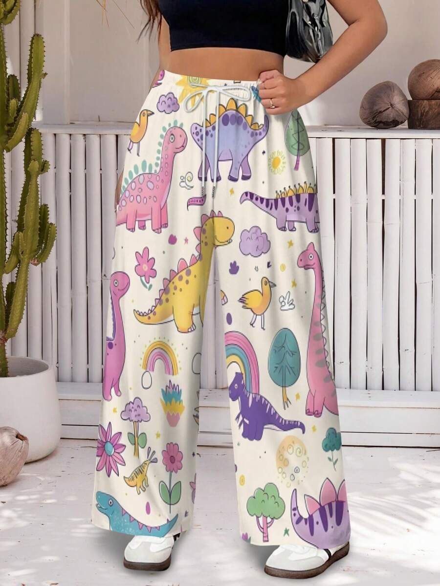 Women Summer Wide Leg Pants Cute Dinosaur Print Pants Rainbow Design Soft Comfortable Daily Wear Top Casual Style Gift Idea For Dino Lovers Large Size Boho Chic - 彩色 - 查看 1