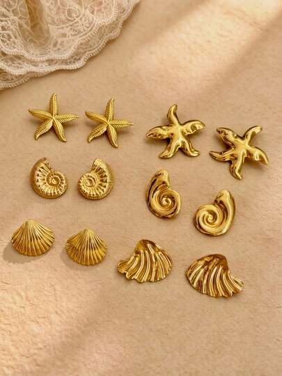 Bộ 10 khuyên tai bằng thép không gỉ dành cho nữ: hình sao biển, vỏ sò, ốc xà cừ và các thiết kế chủ đề biển khác. Bộ trang sức vàng này dễ dàng phối hợp với nhiều trang phục và là món quà hoàn hảo dành cho phụ nữ vào Ngày của Mẹ, các ngày lễ khác hoặc đám cưới.