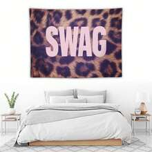 Leopard Print Pink SWAG Slogan Wall Tapestry, Y2K Street Style Wall Hanging For Bedroom Dorm, Perfect Gift For Teens & Streetwear Lovers - White 1pc - View 3