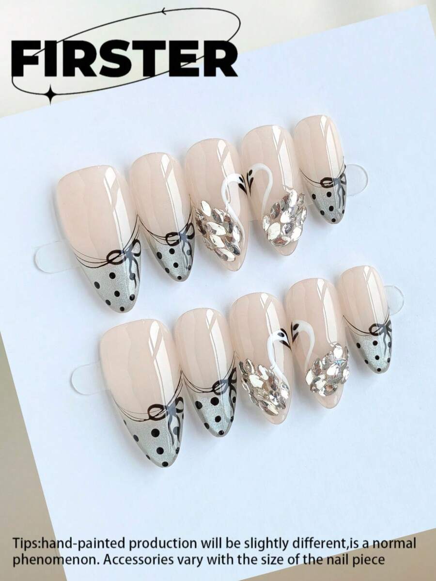 10pcs Almond Shaped Handmade Nail Art Stickers, Medium Length Nail Stickers, Nail Art, White Nail Polish, Minimalist Daily Nail Stickers, Winter Nail Stickers, Glossy Nails, French Manicure, Polka Dot Nails, Nail Supplies, Suitable For Parties, Celebrations, Daily Wear, Includes Tools, Great Gift For Women And Girls