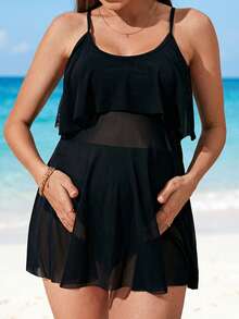 Maternity Solid V-Neck Tankini Bikini Set Set - Black - View 3