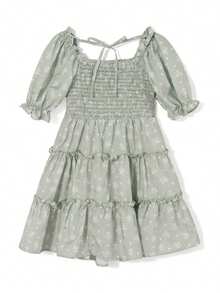 Mommy And Me Matching Dresses Short Sleeve Square Neck Print Dress Family Matching Sundress Outfits, Mother Daughter Matching Dresses, Family Matching Outfits - 女童綠色 10-11歲T - 查看 8
