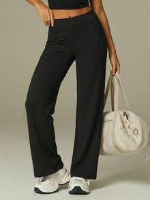 UONNOU 女士高腰弹力休闲柔软直筒运动裤 - 黑色 - 查看 7