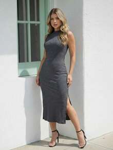 Women's Slim Fit Midi Dress, Tank Top Style, Flatters The Silhouette, Side Slit, Elegant Look - 淺灰色 - 查看 9