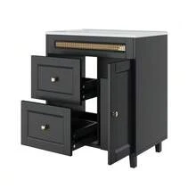 Freestanding Bathroom Vanity Unit 76x46x86.5cm, Double Silent Drawer Slides, Cabinet Doors With Soft-Close Function, Gold Handles And Rattan Decorations, Ceramic Washbasin, Black. - 黑色 - 查看 10