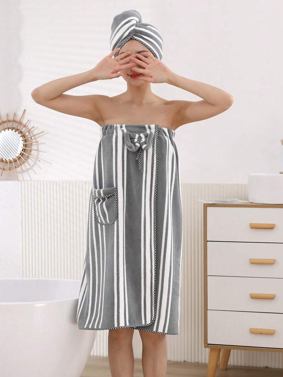 1 Bộ áo choàng tắm nữ kẻ sọc mềm mại và thấm hút tốt + mũ tắm, khăn tắm và áo choàng đa năng tiện dụng. - Xám - Xem 1