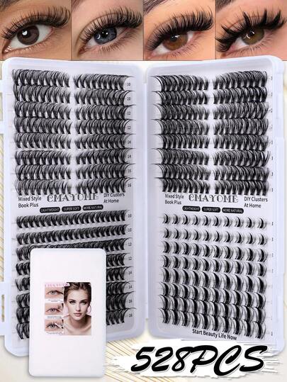 528/544/608pcs D-Curl 10-16mm Wide Stem DIY False Eyelash Clusters, Natural & Thick, Reusable, Suitable For Daily Life, Wedding, Date, Party, Music Festival, Spring, Travel, Mother's Day Gift
