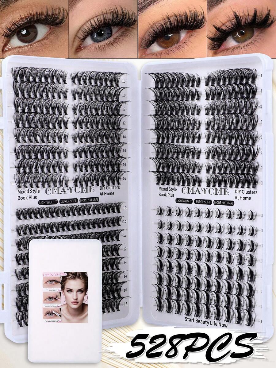 528/544/608pcs D-Curl 10-16mm Wide Stem DIY False Eyelash Clusters, Natural & Thick, Reusable, Suitable For Daily Life, Wedding, Date, Party, Music Festival, Spring, Travel, Mother's Day Gift