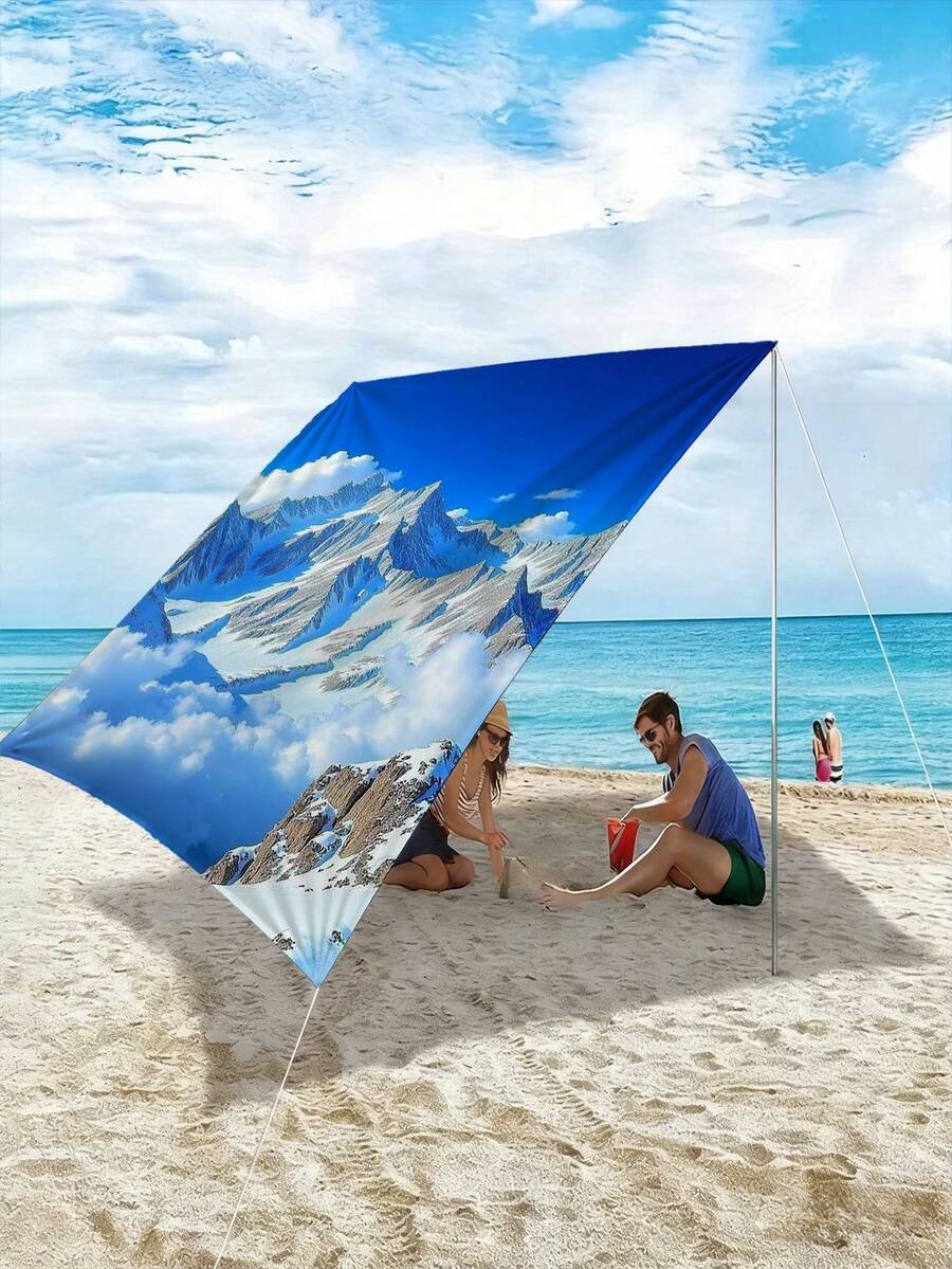 1pc Winter Snowy Mountain Landscape Pattern Waterproof Camping Tent Sunshade, Suitable For Garden, Yard, Beach, Outdoor Adventure, Picnic Mat (Excluding Frame), Comes With Reinforcement Rope - B - View 1