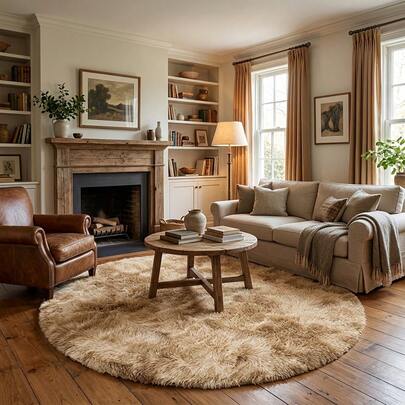 Thảm trang trí tròn bằng lông giả mềm mại, nhuộm màu kaki, 1 chiếc, trang trí nhà cửa thời trang, chất liệu mềm mại thân thiện với da, lông dài mềm mại và bông xốp, đế chống trượt, ít rụng lông, dễ bảo quản, dày dặn và bền chắc.