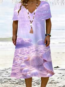 V Neck Short Sleeve Dress Purple Sea Shell And Sand Pattern Beach WearSuitable For Leisure And Sports Scenarios - Blush Crush - 查看 2