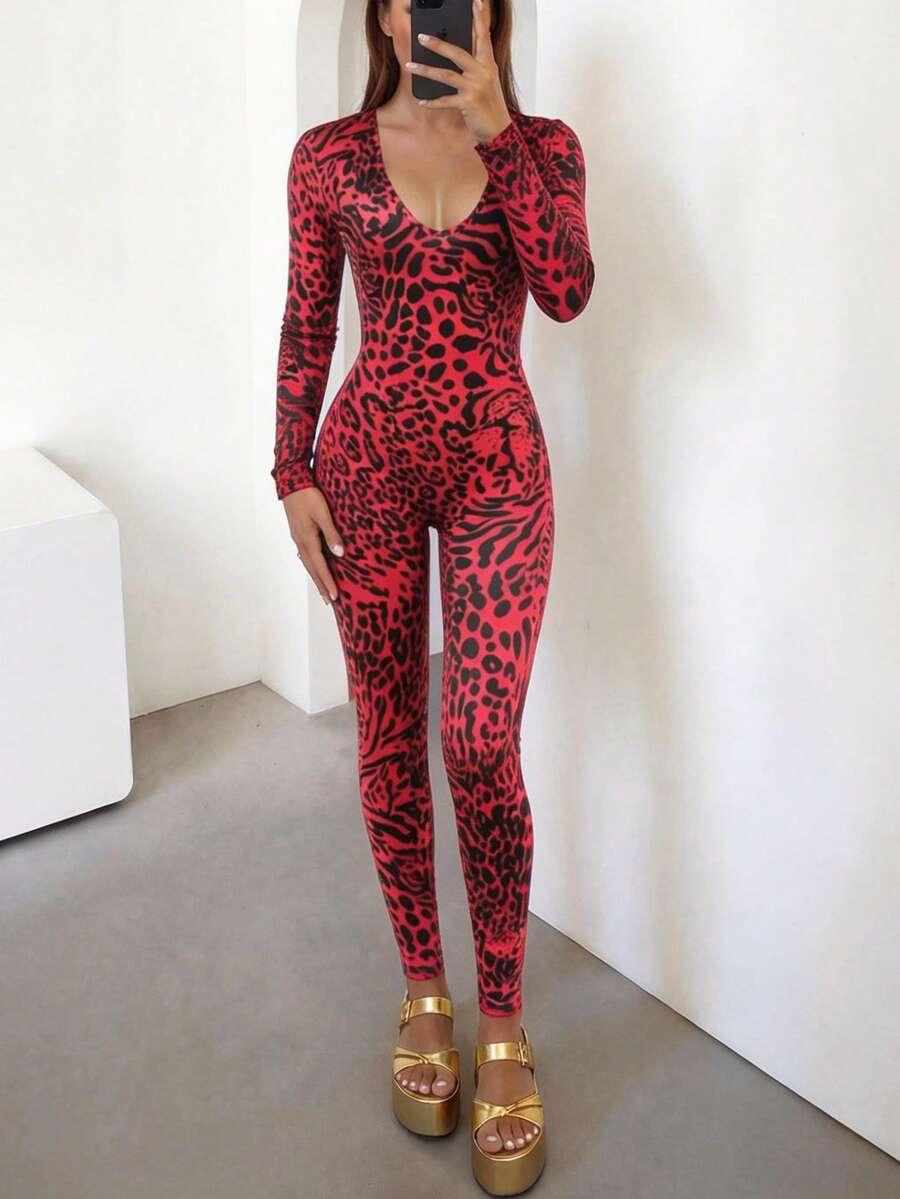 DOUCIU Leopard Print V-Neck Long Sleeve Backless Fitted Jumpsuit Daily Casual Sporty - Red - View 1
