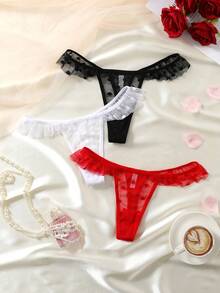 3 piezas de bragas tipo tanga de mujer con inserciones de malla semitransparente - Multicolor - Ver 3