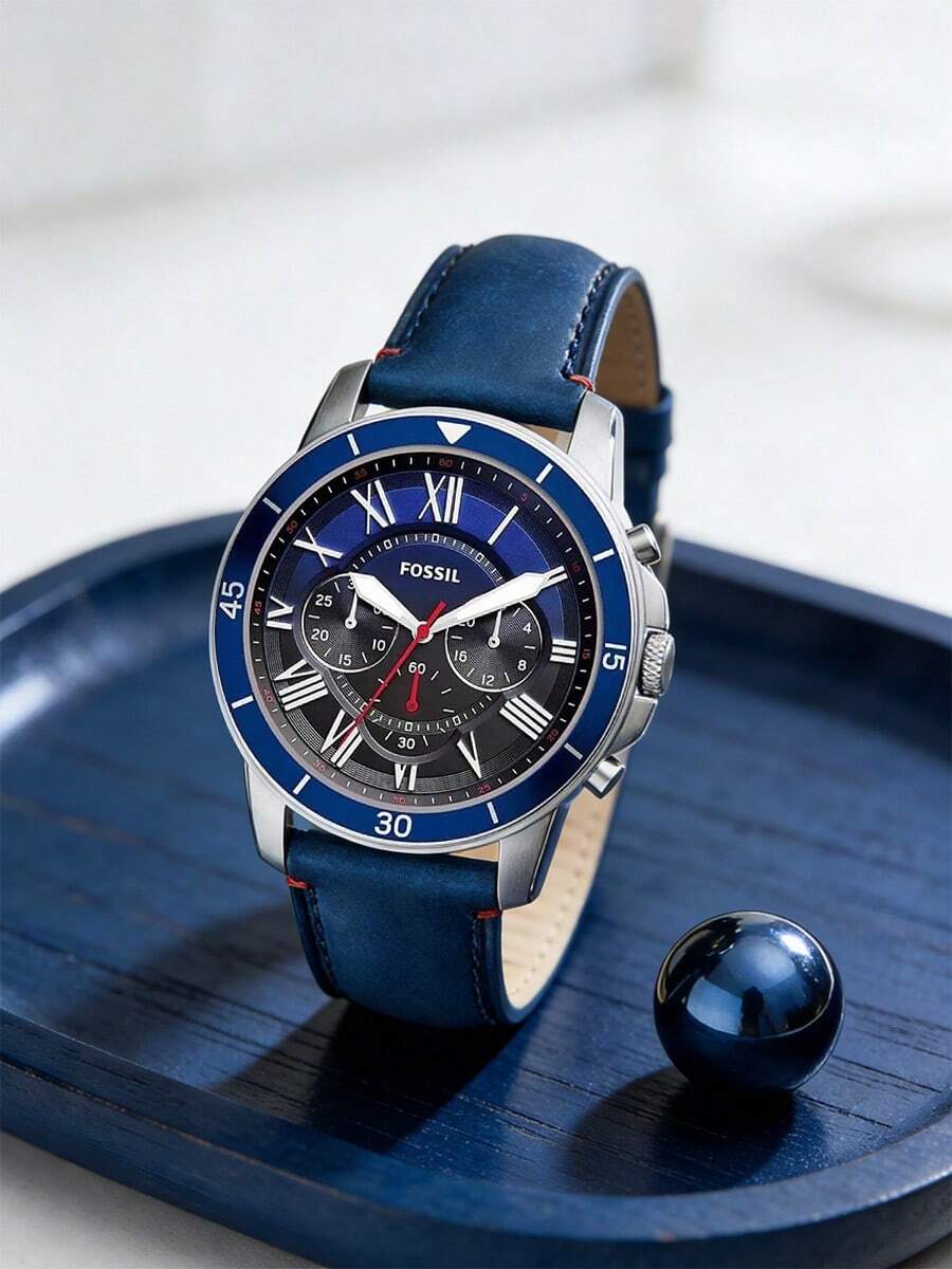 Đồng hồ nam Fossil FS5373 Chronograph với dây đeo da màu xanh dương. - Màu xanh lam - Xem 1