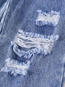 Girls Y2K Distressed Frayed Ripped Baggy Denim Pants, Elastic Waist Acid Wash Wide Leg Young Girl Jeans - Medium Wash - View 8