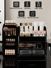 Makeup Organizer With Brush Holder, Drawers, Countertop Storage Organizer, Perfect Storage For Lipsticks, Eyeshadows, Nail Polishes, Makeup Organizer Cosmetic Storage For Vanity, Makeup Brushes Storage, Skin Care Storage,Perfumes, Bathroom & Bedroom Storage, Valentines Gift - 黑色的 - 查看 1