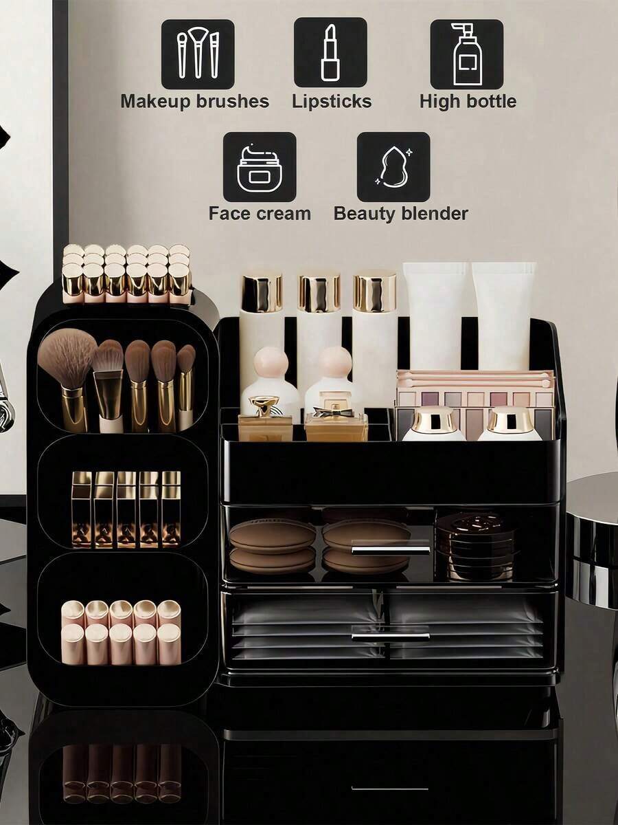 Makeup Organizer With Brush Holder, Drawers, Countertop Storage Organizer, Perfect Storage For Lipsticks, Eyeshadows, Nail Polishes, Makeup Organizer Cosmetic Storage For Vanity, Makeup Brushes Storage, Skin Care Storage,Perfumes, Bathroom & Bedroom Storage, Valentines Gift - 黑色的 - 查看 1