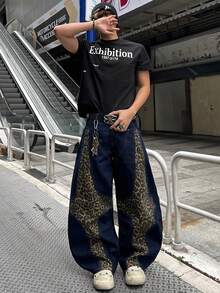 1pc Justice Brother Casual High Street Niche Design Leopard Print Patchwork Men's Blue Denim Jeans, Versatile Loose Fit Wide Leg Pants, All Season - Blue - View 6