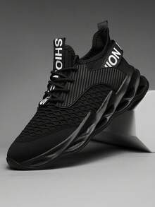 A Pair Of Men's Breathable Mesh Knit Casual Running Shoes, Suitable For All Seasons And Unisex - Black - View 5