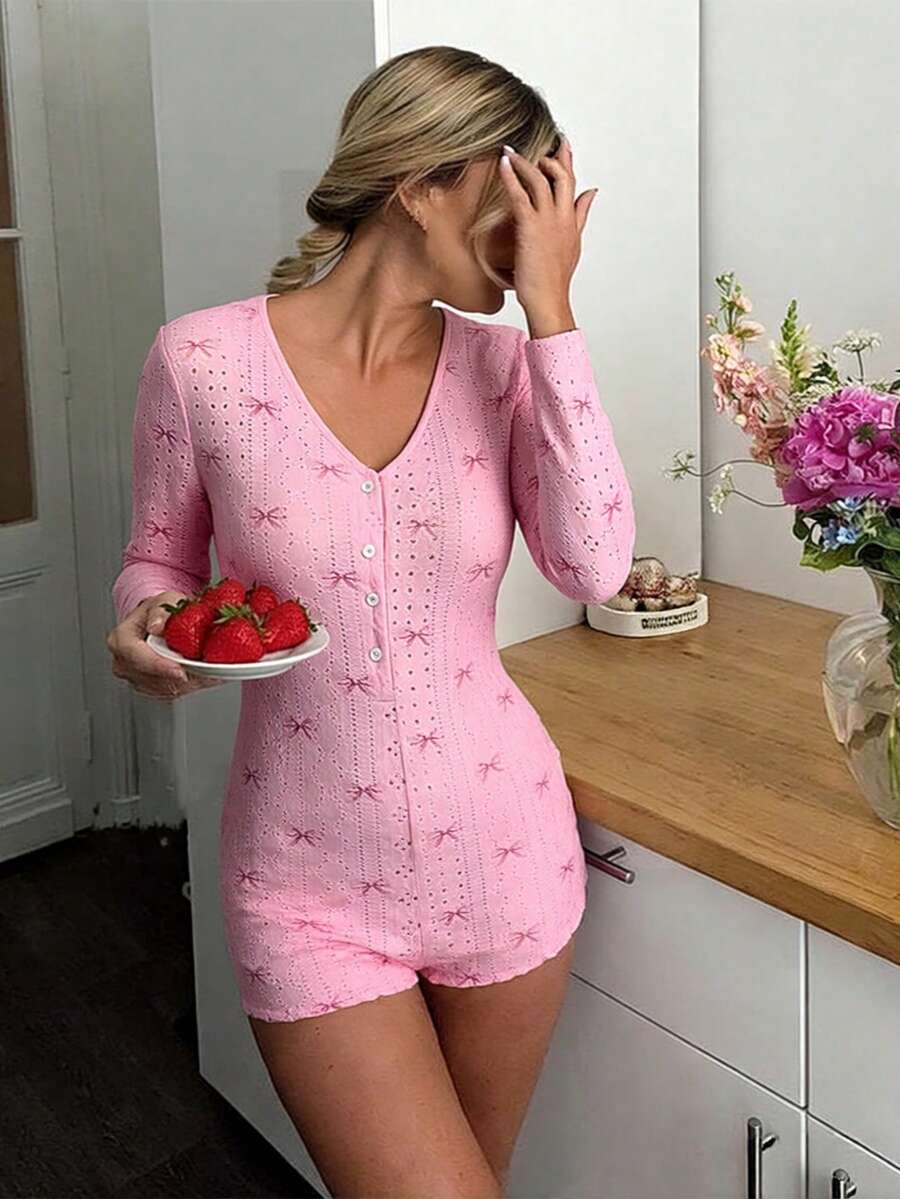 1件装 女士V领蝴蝶印花连体裤家居服