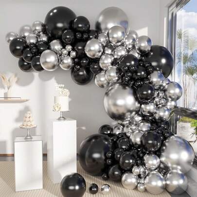 89pcs Black & Silver Balloon Arch & Garland Set, Latex Balloons, Assorted Sizes 12 Inch, For Party Decoration, Wedding Backdrop, Birthday, Graduation