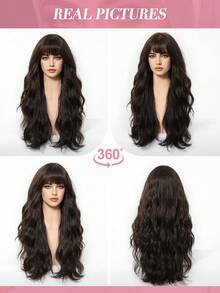 Tóc giả dài 24 inch màu nâu đen, kiểu gợn sóng, có mái bằng, chất liệu sợi tổng hợp dành cho nữ, trông tự nhiên và chân thực, chịu nhiệt, phù hợp cho sử dụng hàng ngày và các bữa tiệc. - Nâu đen - Xem 10