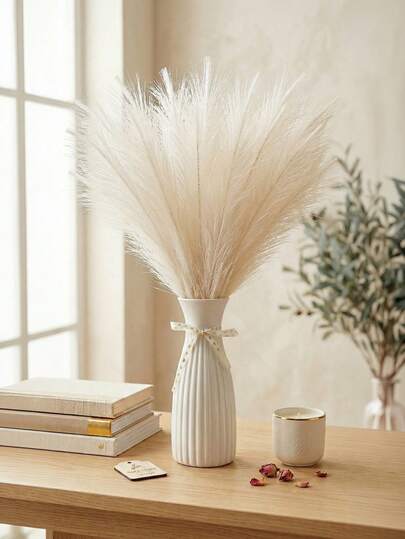 1pc Shatterproof Lightweight Waterproof Unbreakable Premium Plastic Flower Vase, Modern Minimalist Farmhouse Vintage Boho Aesthetic Neutral Rustic Style, Solid White With Gold Dot Accent, Tall Flared Neck Cylindrical Narrow Waist Shape, Vertical Ribbed Textured Surface With Removable Decorative Bow Ribbon Detail