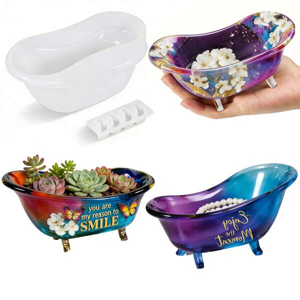 1个树脂浴缸模具，环氧树脂浴缸造型储物盒硅胶模具，适用于树脂浇铸首饰盒、烛台、花盆等家居装饰