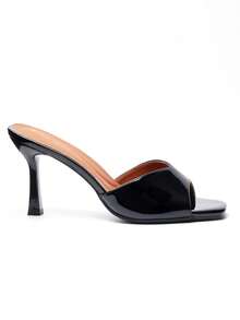 Giày cao gót đen nữ, kiểu dáng slip-on, thích hợp cho tiệc cưới, dạ hội, chất liệu da bóng, hở mũi, không quai hậu. - màu đen - Xem 12
