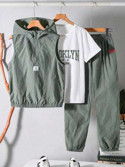 3pcs/Set Boys' Casual Sports Comfortable Versatile Set: Soft Hoodie Vest, Elastic Waist Pants And T-Shirt, Suitable For Autumn, Spring, Summer, Daily, Outdoor, School, Street, Party And Leisure