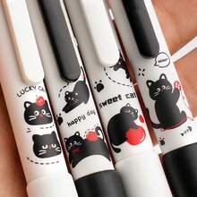 4支装可擦凝胶笔 - 0.5mm细笔尖，蓝色墨水，速干顺滑，可爱猫咪图案，带爱心和爪印，含橡皮擦笔帽和透明墨水管，适用于学校、办公室、日记、考试笔记 - 是喜爱日系动漫文具的儿童和青少年的理想礼物（蓝黑配色） - 黑咪小貓 - 查看 6