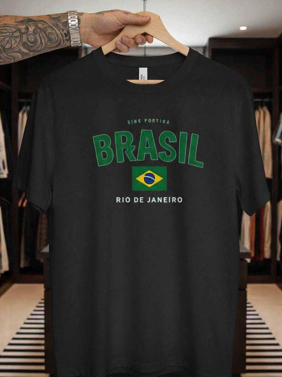Unisex T-Shirt Supporting The Brazilian National Football Team Rio Short Sleeve Men's And Women's 100% Cotton, Casual, Crew Neck - 黑色 - 查看 1