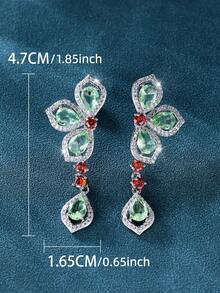 Vanel 1Pair Elegant Silvery Floral Green & Red Cubic Zirconia Drop Earrings For Women, Paved CZ Dangle Earrings, Fashion Statement Jewelry For Daily Wear & Party - Silver-multicolor - View 6