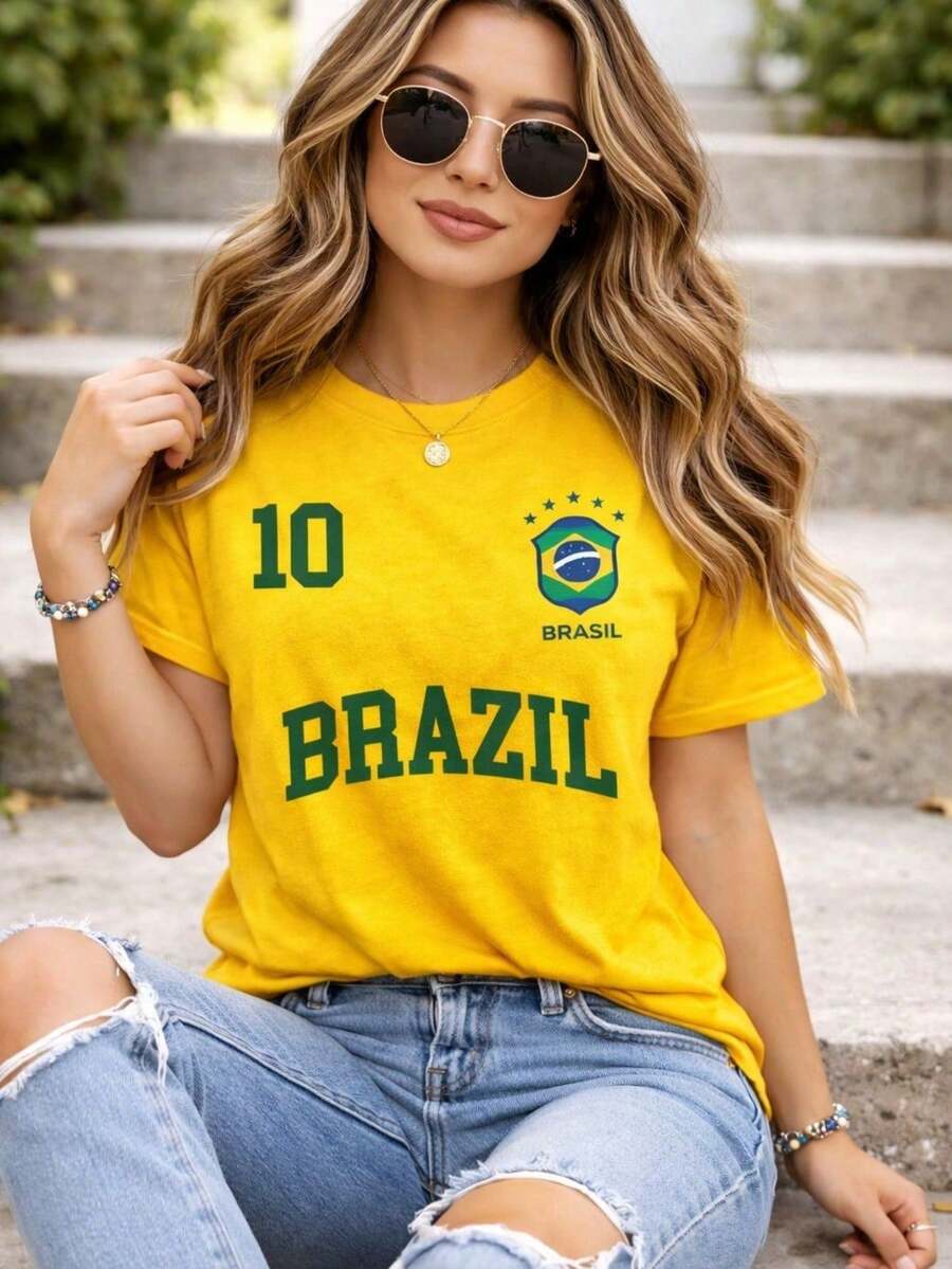 Brazil Women's World Cup Team T-Shirt, Summer 100% Cotton - 黃色 - 查看 1
