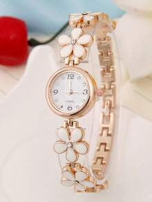 奶油色五瓣花手镯腕表 | 柔美玫瑰金镶钻石英表 | 小众高端学生通勤百搭女士腕表 1件/套 - 白色 - 查看 6