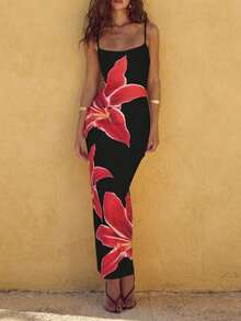 Đầm Floreya quyến rũ, thoải mái, cơ bản, họa tiết hoa, dây mảnh, ôm sát, xẻ cao. - Nhiều màu - Xem 1