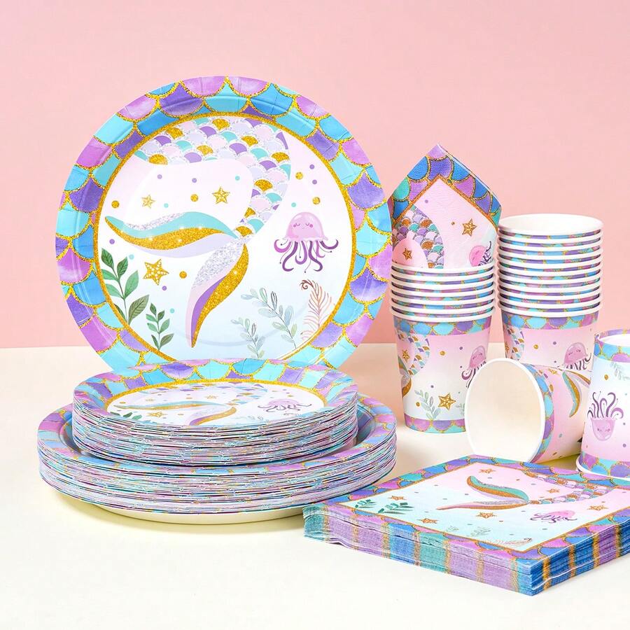 Mermaid Seaweed Disposable Tableware Set, 7/9 Inch Party Plates, Disposable Paper Plates, Cups, Napkins, Suitable For Holidays, Weddings, Engagements, Birthdays, Parties, Celebrations - Multicolor - View 1