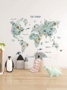 1pc/2pcs Large Size PVC Removable Wall Sticker, Cartoon Animal Map Decal For Kids Room Classroom, Interesting Early Education Knowledge, Cute Bear Driving With Deer, Fantasy Wallpaper, Suitable For Bedroom, Living Room, Study, Dining Room, Bathroom, Home Wall Decor - Multicolor - View 12