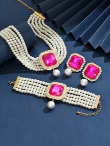 Bộ 4 món sang trọng, cầu kỳ, nhiều lớp đính ngọc trai giả, đá rhinestone và pha lê, gồm vòng cổ, bông tai và vòng tay, thích hợp làm quà tặng cho phụ nữ trong đám cưới, tiệc tùng và các dịp lễ. - Nhiều màu - Xem 7