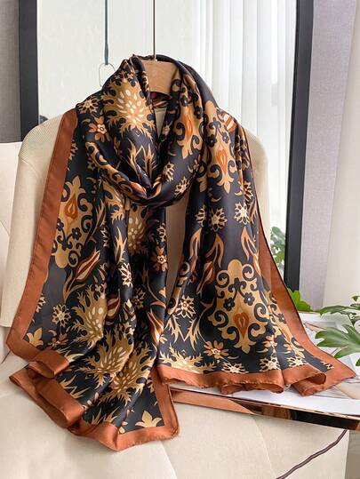 1pc Women's Elegant Floral Print Faux Silk Scarf, Fashion Versatile Decorative Shawl Suitable For Spring/Autumn, Daily Wear, Travel, Sun Protection