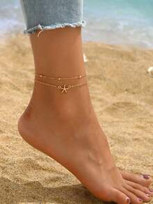 1条可爱优雅的沙滩风海星串珠双层脚链，适合女性海边度假佩戴 - 金黃色 - 查看 3