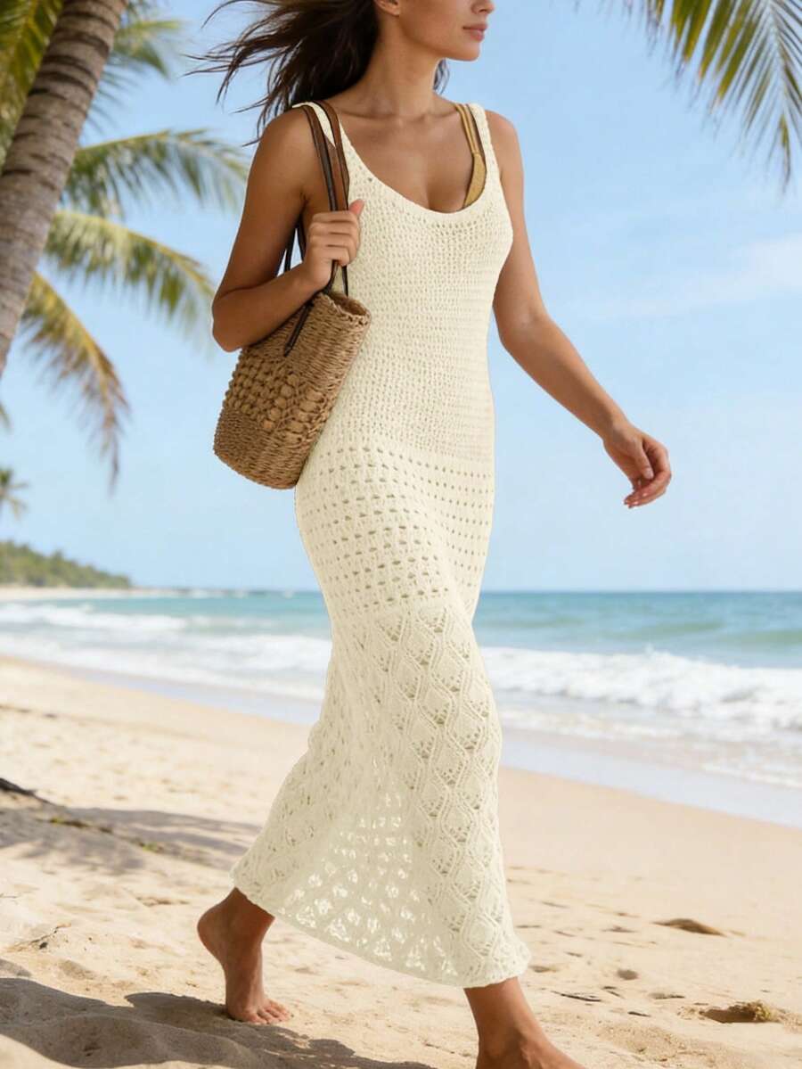 Đầm tank dệt kim không tay khoét lỗ thoải mái cho nữ, đầm đi biển dệt kim khoét lỗ mùa hè, đầm che phủ cổ chữ V phong cách bohemian cho nữ đi nghỉ mát, mùa xuân/hè/thu. - Vàng nhạt - Xem 1