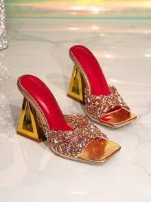 1 par de sandalias de tacón alto con punta cuadrada, tacón triangular y detalles de strass de piel sintética (PU) para mujer, adecuadas para todas las estaciones - Dorado - Ver 6