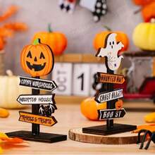Charming Wooden Pumpkin Ghost - Halloween Tabletop Decor, Versatile Use, No Power Needed - A - View 1