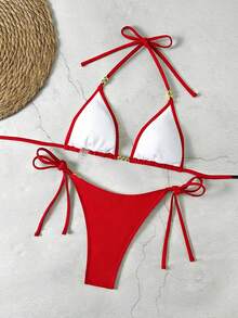 Lucky Girl Summer New Women's Black Beaded Tie Two Pieces Swimsuit Set, Beach Holiday Vacation - Red - View 4