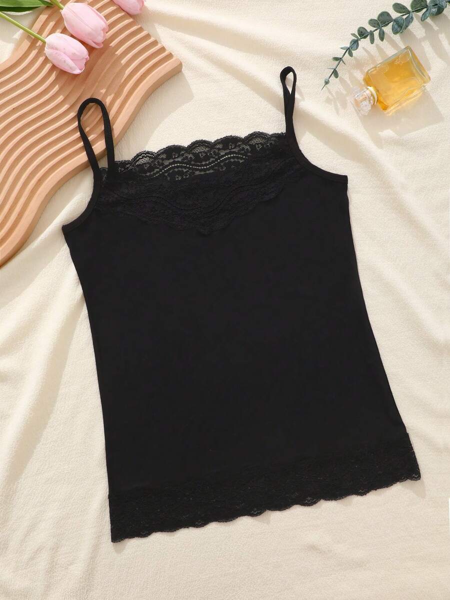 Áo hai dây ren hoa dành cho nữ, áo lót hai dây ôm sát thanh lịch, áo tank top không tay cơ bản mềm mại và thoải mái, món đồ đa năng dễ phối đồ. - màu đen - Xem 1