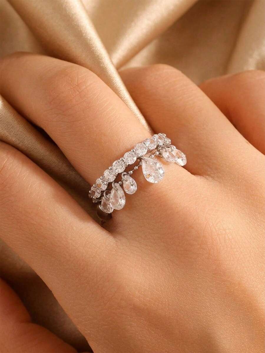 1 pieza Anillo apilable con borla de circonita cúbica con diseño de galaxia en forma de lágrima - juego de anillos - Ver 1